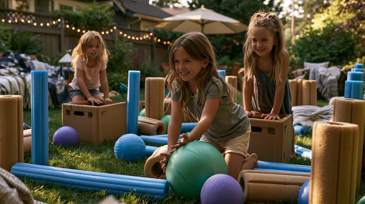 Children running a backyard obstacle course — outdoor activity guide from Bear and Bee Bedtime Stories