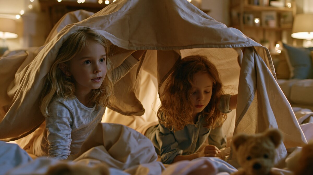 Children building a blanket fort together — indoor activity guide from Bear and Bee Bedtime Stories