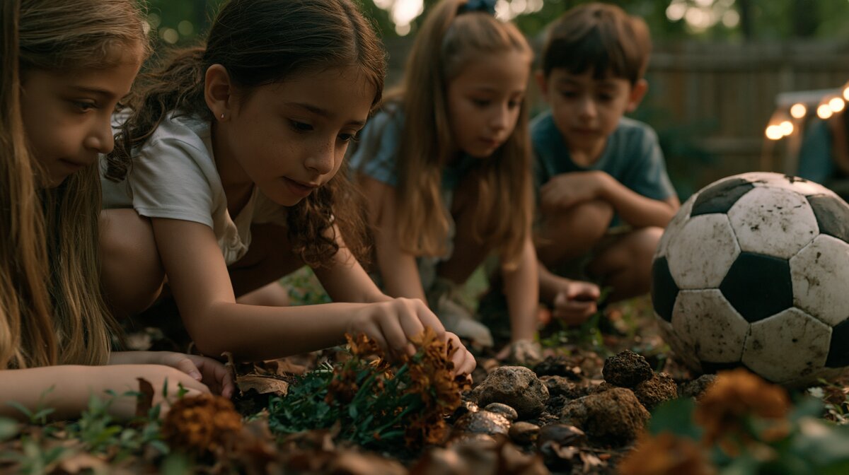 Children on a nature scavenger hunt outdoors — activity guide from Bear and Bee Bedtime Stories